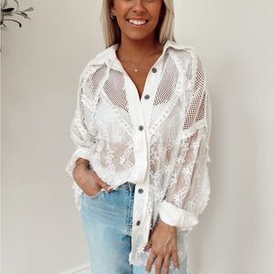 Chic White Lace Button-Down Shirt